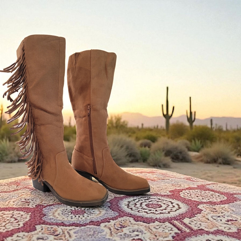 03 - Boots -Elegant Tan Fringe Heeled Boots